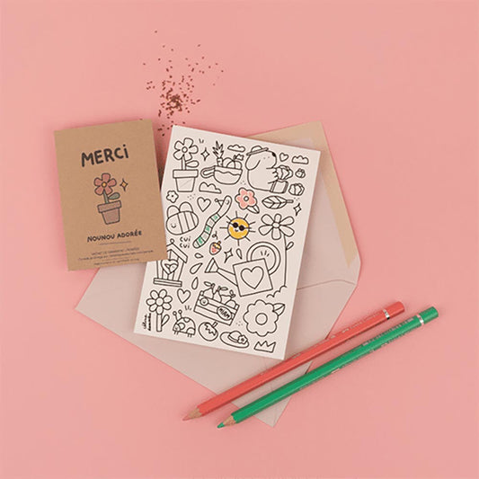 Gift for the nanny: coloring card and organic seeds to plant