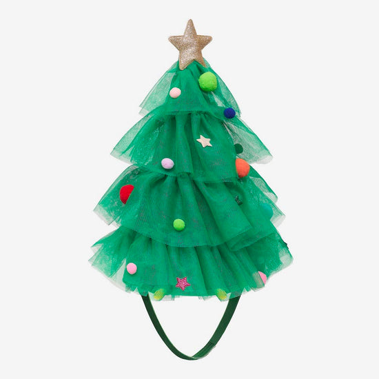 chapeau tulle vert déguisement drole sapin de noel decoré de boule