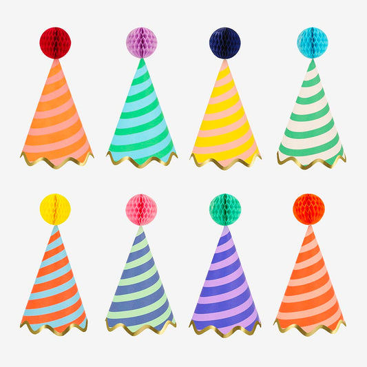 8 chapeaux fete rayures multicolore : accessoire fete anniversaire
