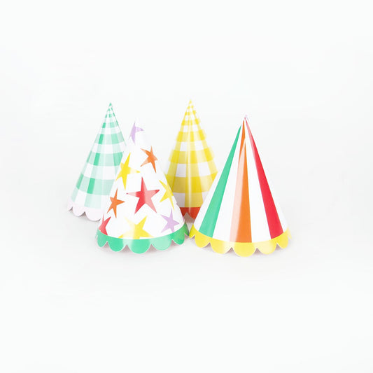 8 multicolored pointed hats: party accessory for children