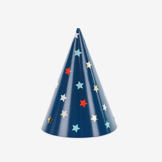 Chapeaux de fête en carton bleu marine avec étoiles multicolores