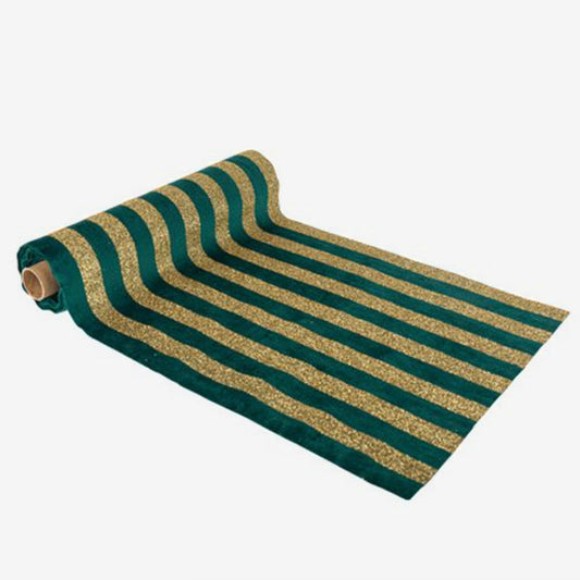 Green striped velvet table runner