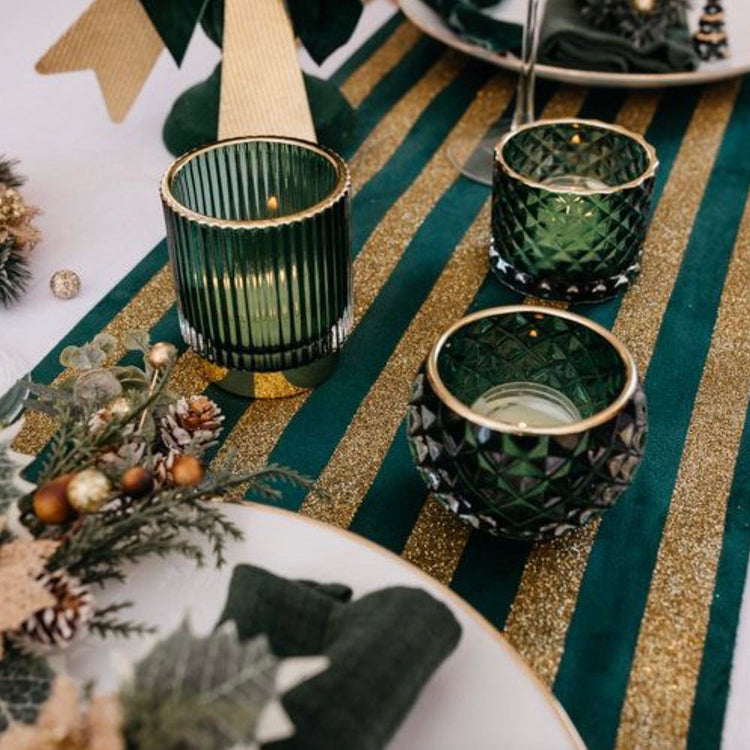 Green striped velvet table runner