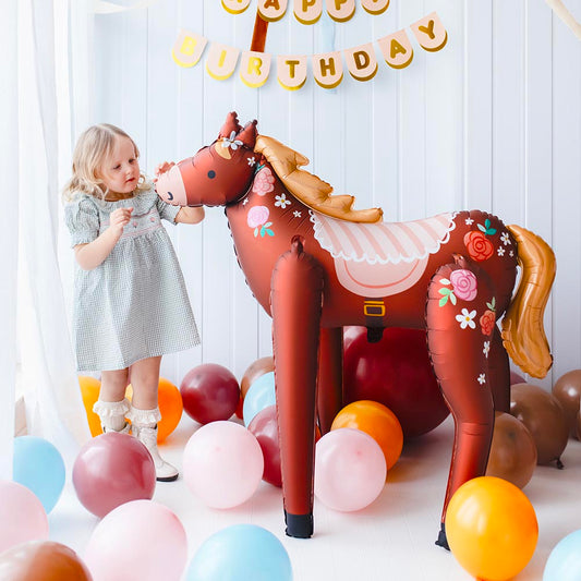 Ballon aluminium géant cheval fleuri : décoration anniversaire fille