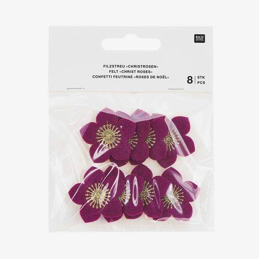 Rico Design: 8 confeti de fieltro en forma de flores color ciruela