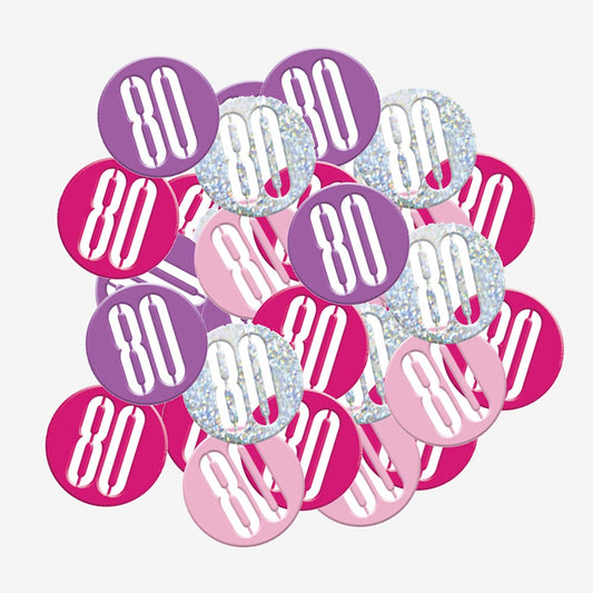 Pink 80th birthday confetti for chic birthday table decorations