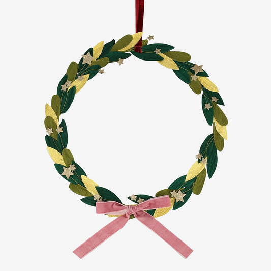 Corona de hojas Meri Meri con cintas de terciopelo rosa y rojo