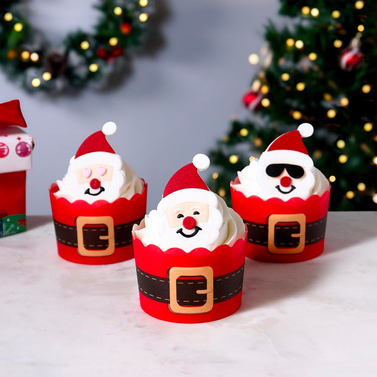 6 déco comestibles Père Noël + 6 caissettes à cupcakes pour dessert de Noël