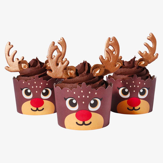 6 déco comestibles Rennes de Noël et 6 caissettes à cupcakes pour goûter de Noël