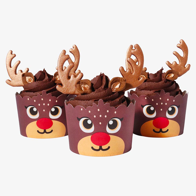 6 déco comestibles Rennes de Noël et 6 caissettes à cupcakes pour goûter de Noël