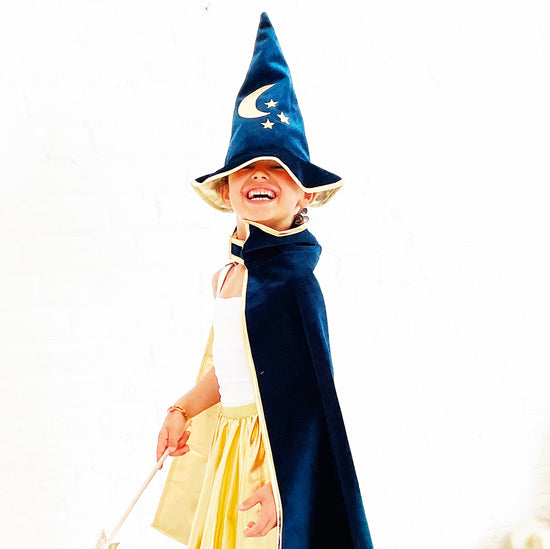 Déguisement magicien bleu en velours enfant pour soiree halloween