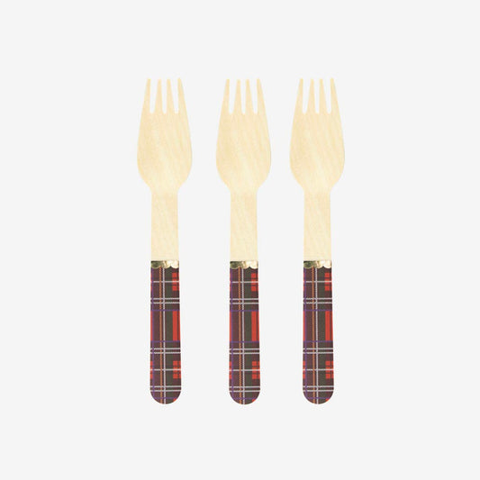 Reusable tableware: 8 small wooden forks with tartan pattern
