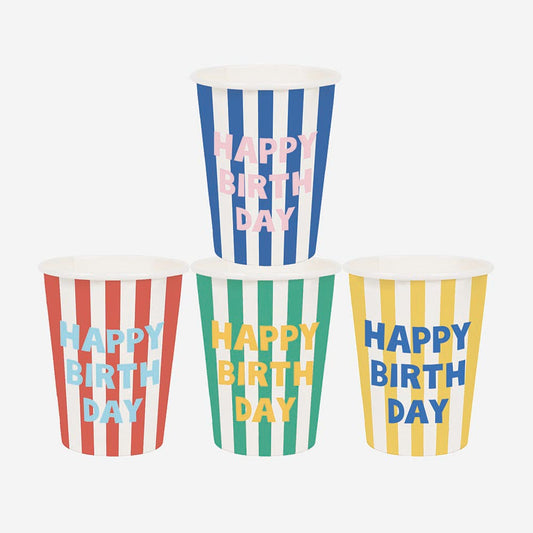 Gobelet carton : 8 gobelets Happy Birthday rayures