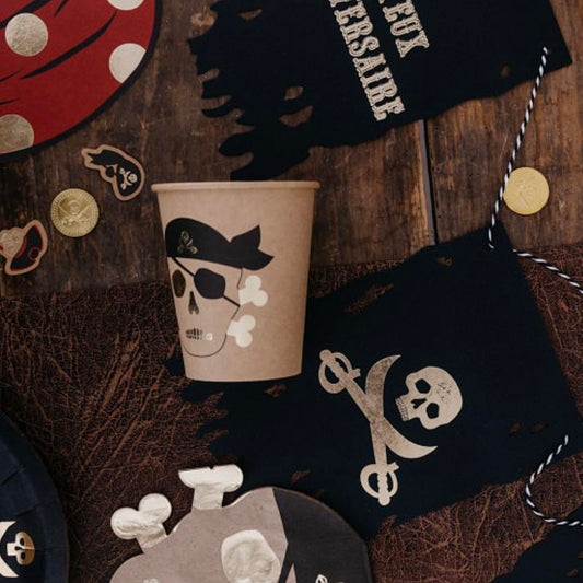 8 gobelets en carton pirate noir et doré pour déco table fête déguisée halloween ou pirate