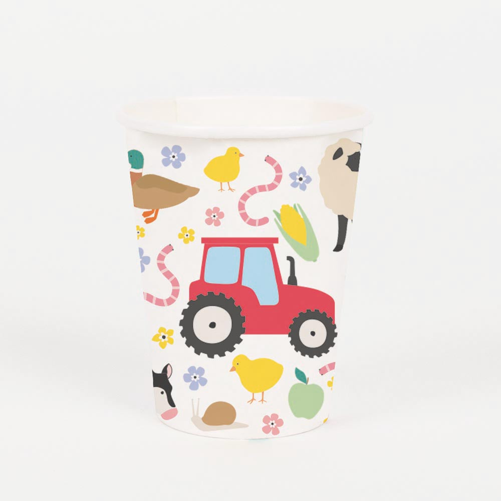 8 Gobelets En Papier Jetables Animaux De La Ferme (cheval, Poule, Vache, Mouton) - Motif Scène De Ferme, Marque Ginger Ray, Neufs