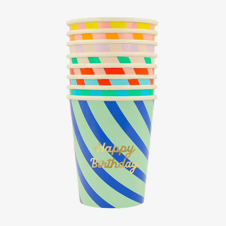 8 gobelets en carton Happy Birthday rayées : idee deco de table