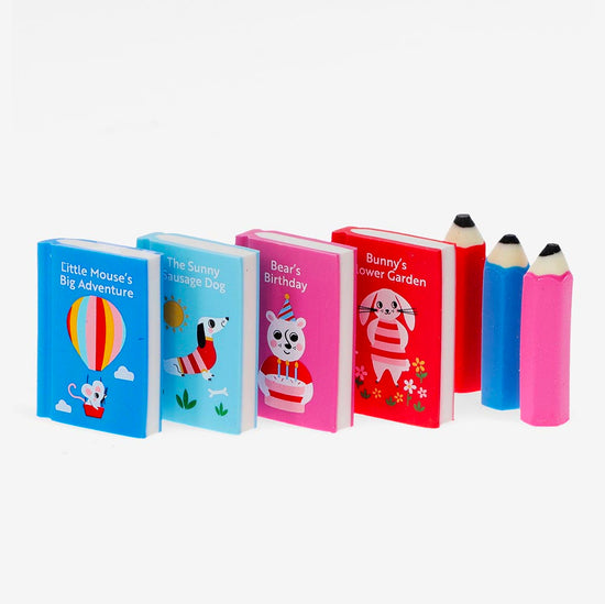 Gommes livres et crayons : idée cadeau pour rentrée école enfant