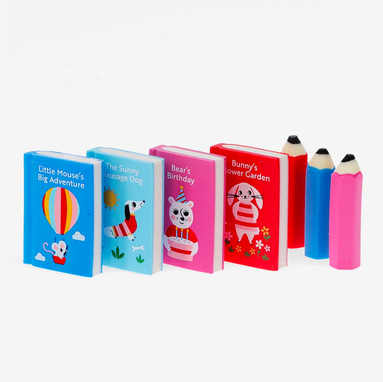 Gommes livres et crayons : idée cadeau pour rentrée école enfant