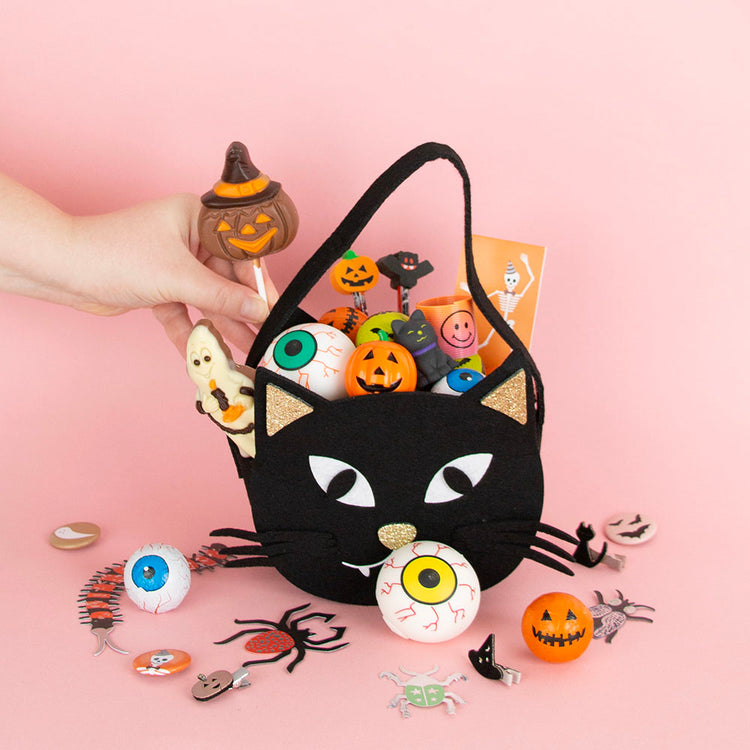 Seau d'halloween : panier chat noir en feutrine pour les bonbons
