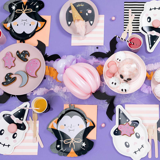 6 platos de cartón esqueleto rosa para decoración de Halloween