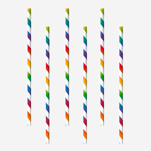 12 Pailles en carton à rayures multicolores pour anniversaire