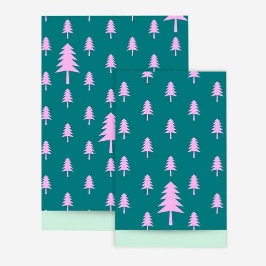 Papeterie de Noël : 1 pochette en papier sapins roses pour cadeau de noel ou avent