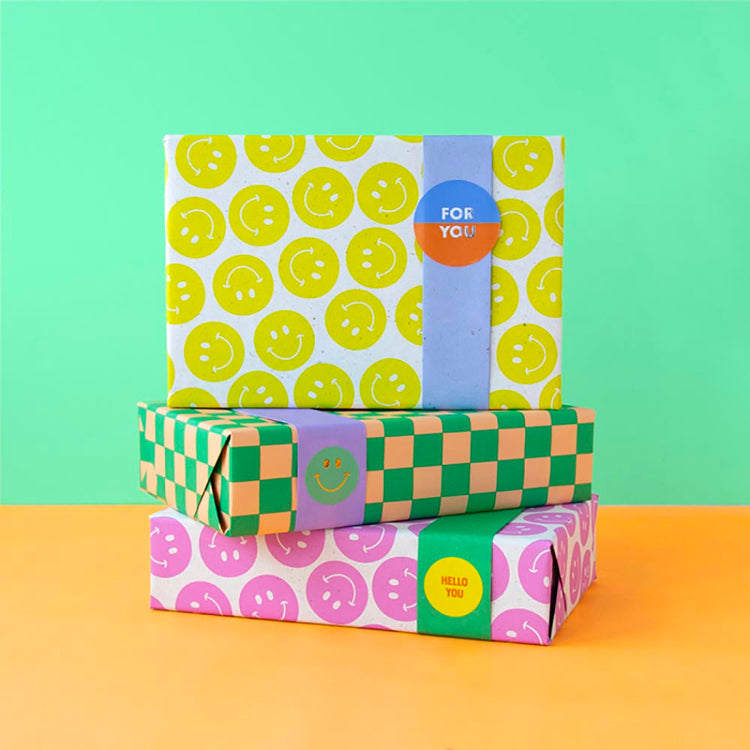 Rouleau papier cadeau smiley jaune fluo : emballage cadeau anniversaire