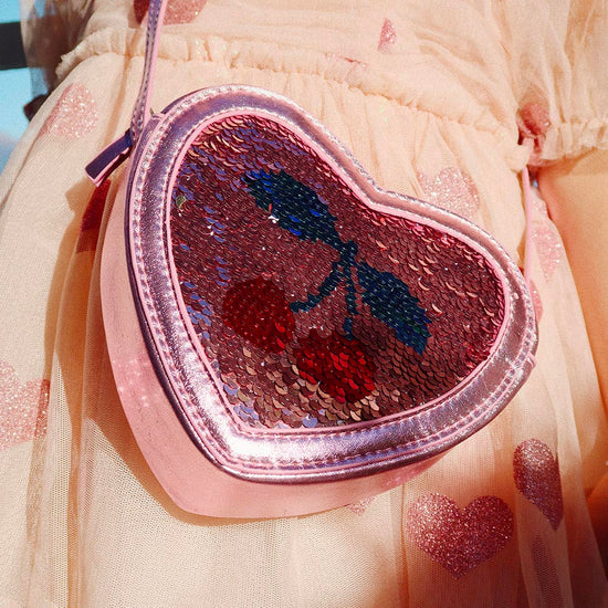 sac à main cœur sequins rose avec cerise : accessoire déguisement enfant