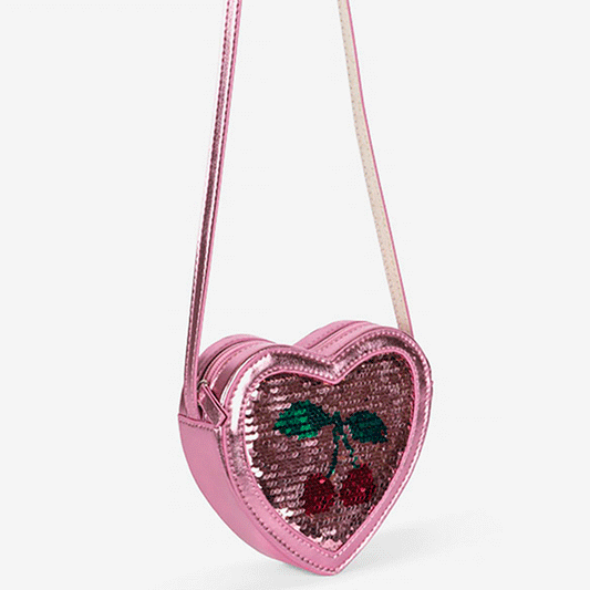 sac à main cœur sequins rose avec cerise : idée cadeau anniversaire enfant