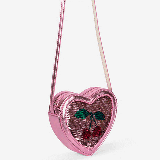 sac à main cœur sequins rose avec cerise : idée cadeau anniversaire enfant