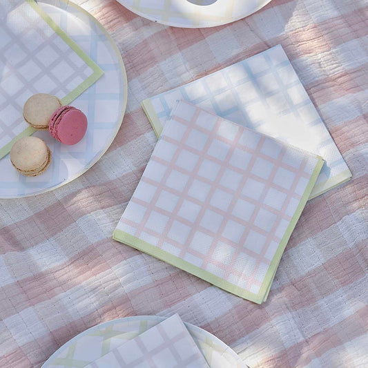 16 serviettes en papier carreaux pastel - decoration de table