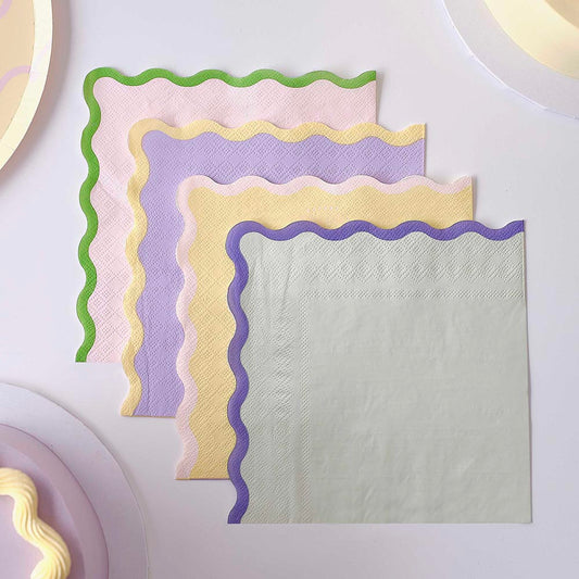 16 serviettes en papier wavy pastel : decoration de table colorée