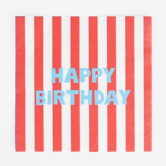 Serviettes en papier : 20 serviettes Happy Birthday rayures