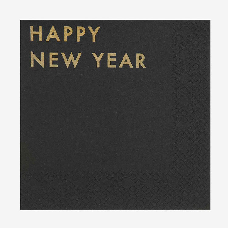 20 serviettes en papier noir Happy New Year : deco de table nouvel an chic