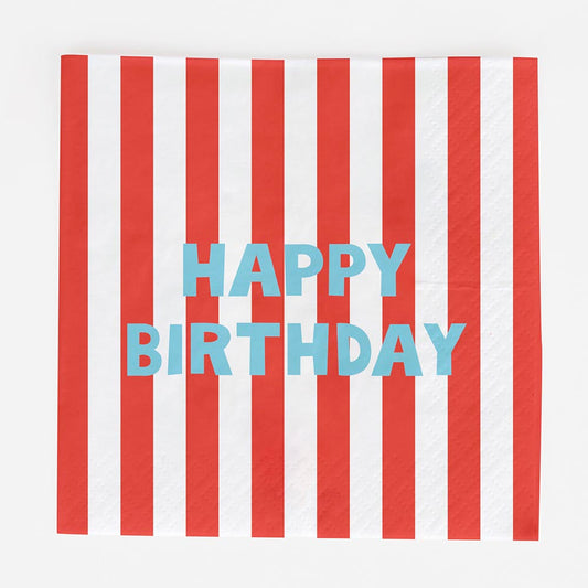 Serviettes en papier : 20 serviettes Happy Birthday rayures