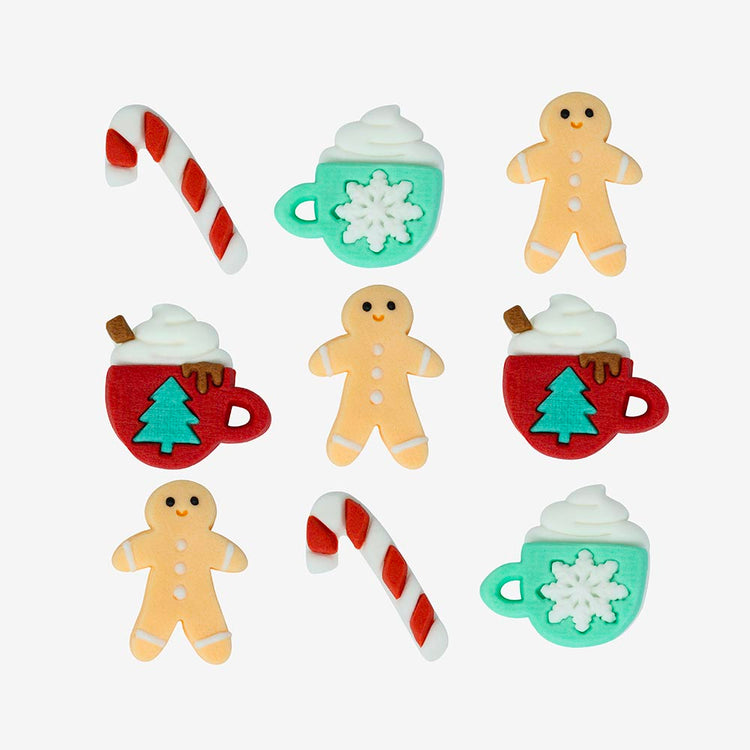 12 sweet decorations of barley sugar and hot chocolate