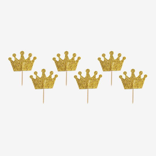 12 golden glitter crown picks for decorating cupcakes and muffins