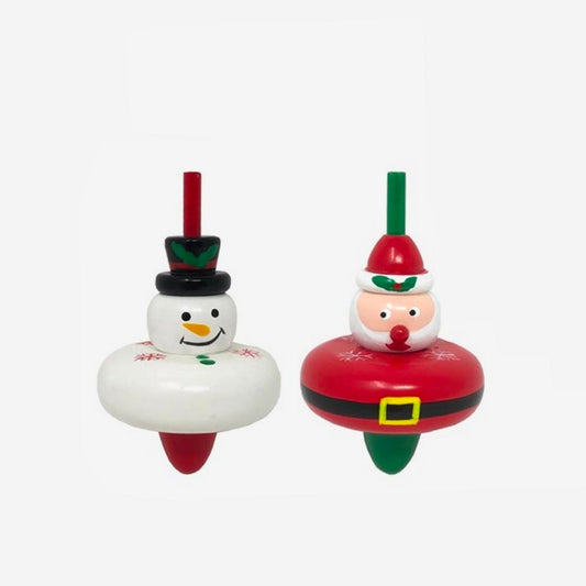 Trompo de madera con forma de muñeco de nieve y Papá Noel.