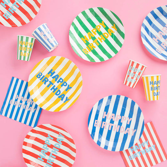 Gobelet carton : 8 gobelets Happy Birthday rayures