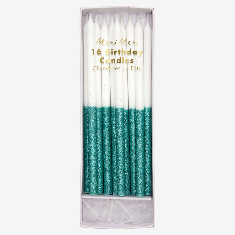 Bougies longues turquoises à pailettes pour decoration gateau anniversaire.