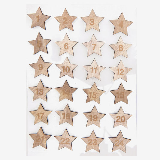 Stickers chiffres étoiles en bois pour calendrier de l'avent fait maison