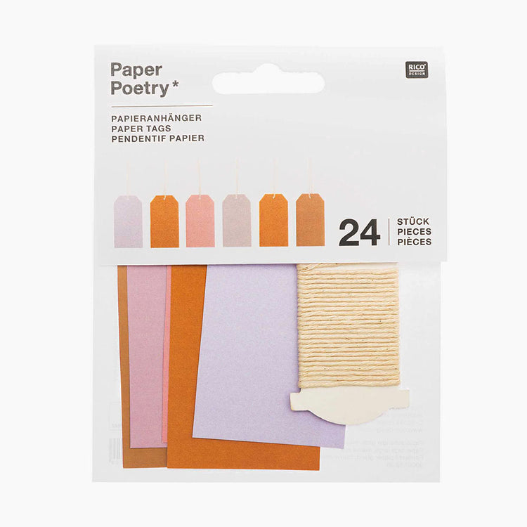 24 etiquetas de cartón en colores pastel: naranja, rosa, malva y cordel