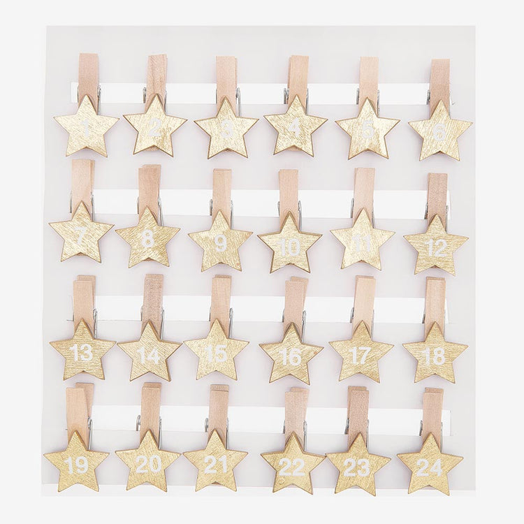Pinzas de madera doradas con número de estrella para calendario de adviento casero