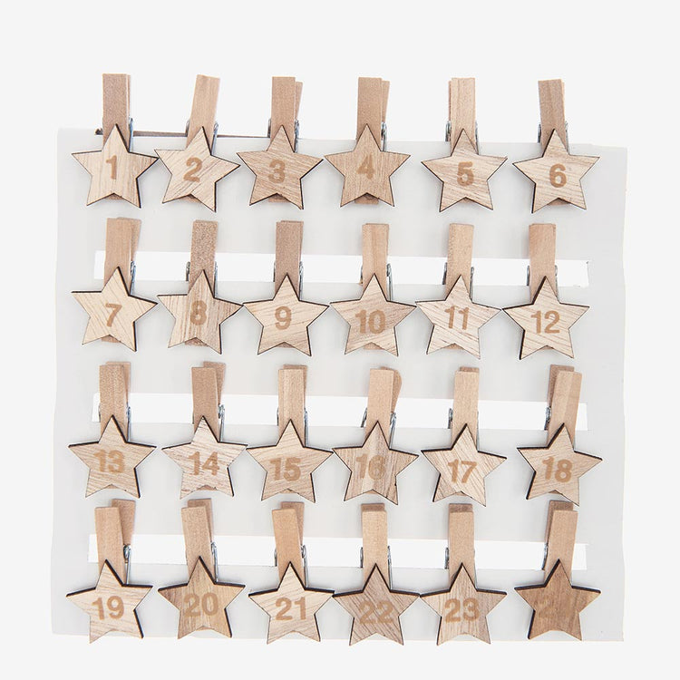 Pinces à linge chiffres étoiles en bois pour calendrier de l'avent fait maison