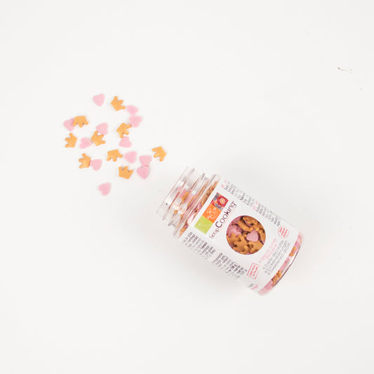 tubo de pequeños azúcares en forma de corona y corazón para decoración de pasteles