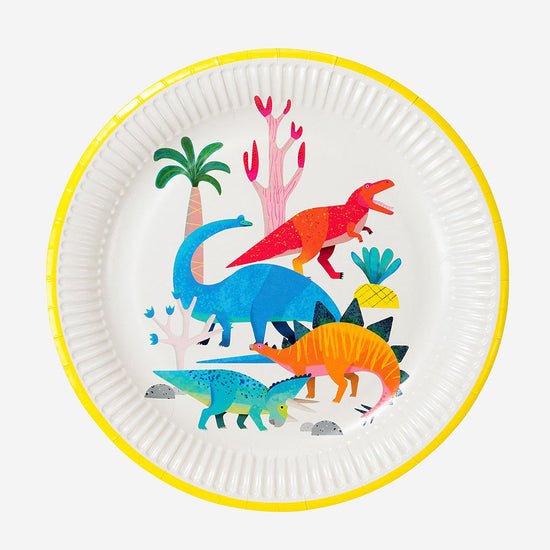 Assiettes dinosaure en papier recyclable coloré 