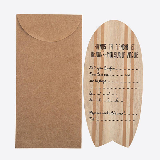 Carton invitation anniversaire planche de surf en bois pour anniversaire surf