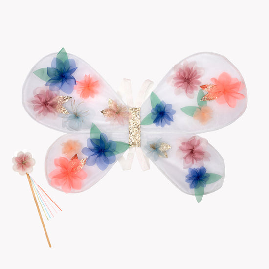 Ailes de papillons avec fleurs en tule et baguette magique déguisement fée
