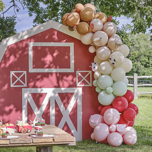 Arch of farm animal balloons for birthday decoration