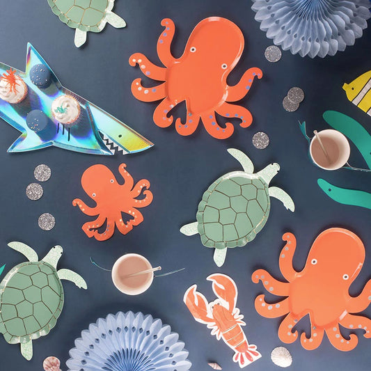 8 platos de papel pulpo para decoración de mesa de animales marinos